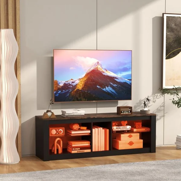 Meuble TV avec Eclairage LED pour TV Jusqu'à 65 Pouces Centre de Divertissement Moderne Etagères Réglables en Verre Trempé Noir et Marron