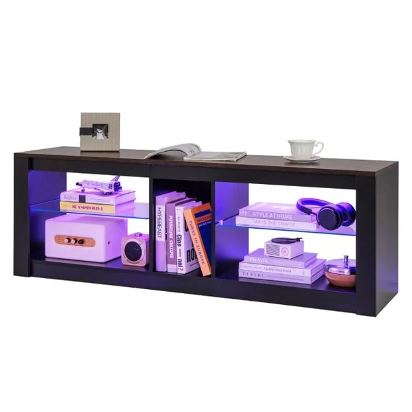 Meuble TV avec Eclairage LED pour TV Jusqu'à 65 Pouces Centre de Divertissement Moderne Etagères Réglables en Verre Trempé Noir et Marron