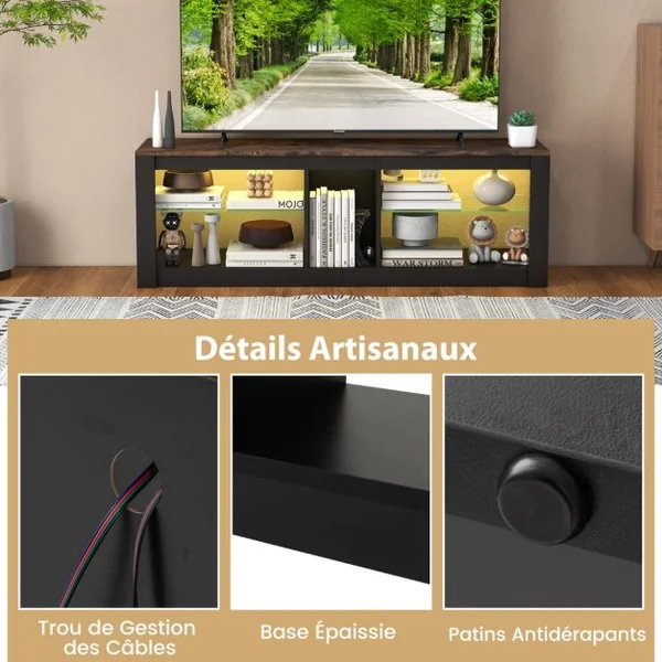 Meuble TV avec Eclairage LED pour TV Jusqu'à 65 Pouces Centre de Divertissement Moderne Etagères Réglables en Verre Trempé Noir et Marron
