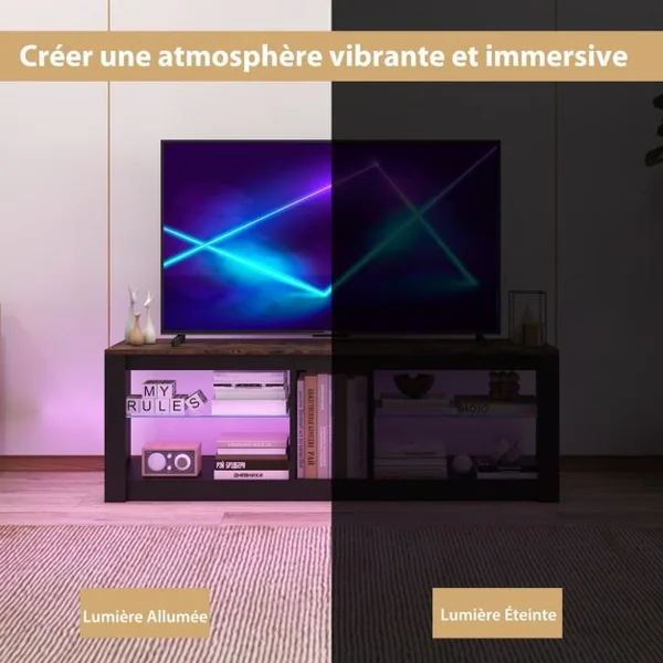 Meuble TV avec Eclairage LED pour TV Jusqu'à 65 Pouces Centre de Divertissement Moderne Etagères Réglables en Verre Trempé Noir et Marron
