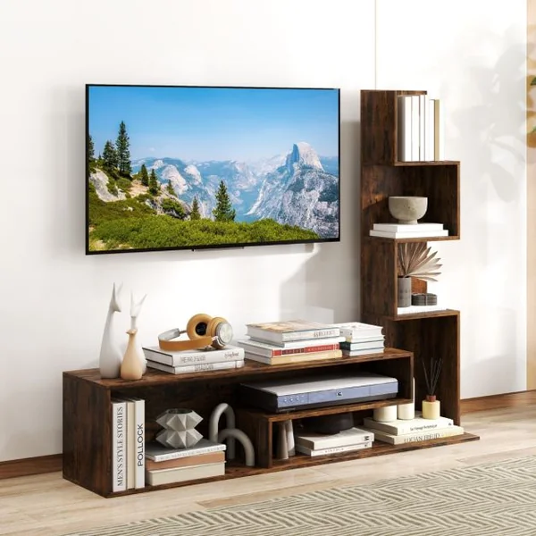 Meuble TV Cubique pour Téléviseurs Jusqu'à 50 Pouces Console Multimédia avec Etagères de Rangement en ‘L’ Blanc/Marron Rustique