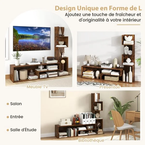 Meuble TV Cubique pour Téléviseurs Jusqu'à 50 Pouces Console Multimédia avec Etagères de Rangement en ‘L’ Blanc/Marron Rustique