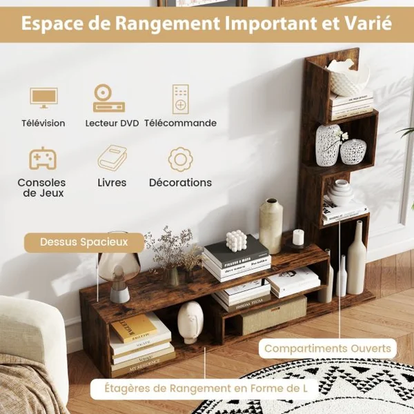 Meuble TV Cubique pour Téléviseurs Jusqu'à 50 Pouces Console Multimédia avec Etagères de Rangement en ‘L’ Blanc/Marron Rustique