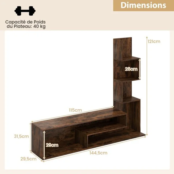 Meuble TV Cubique pour Téléviseurs Jusqu'à 50 Pouces Console Multimédia avec Etagères de Rangement en ‘L’ Blanc/Marron Rustique