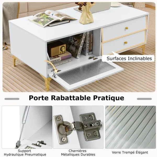 Meuble TV pour Téléviseur de 55 Pouces Console TV 47,5" avec Compartiment Tiroirs Porte en Verre Trempé Rabattable Gris Clair