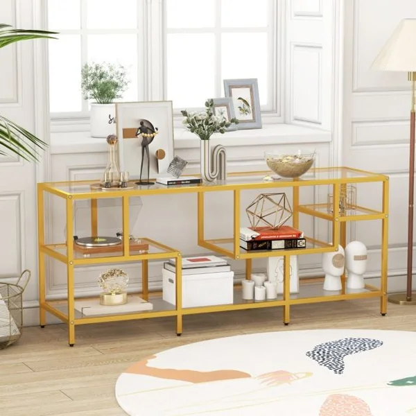 Meuble TV pour Téléviseurs Jusqu'à 65 Pouces Table Console avec un Grand Plateau et 4 Etagères en Verre Trempé Doré