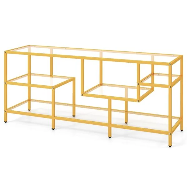 Meuble TV pour Téléviseurs Jusqu'à 65 Pouces Table Console avec un Grand Plateau et 4 Etagères en Verre Trempé Doré