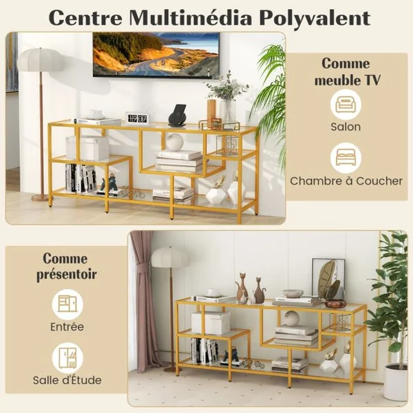 Meuble TV pour Téléviseurs Jusqu'à 65 Pouces Table Console avec un Grand Plateau et 4 Etagères en Verre Trempé Doré