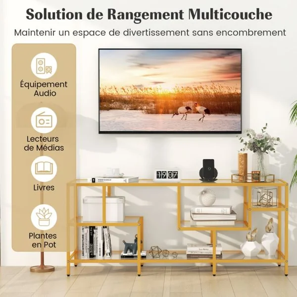 Meuble TV pour Téléviseurs Jusqu'à 65 Pouces Table Console avec un Grand Plateau et 4 Etagères en Verre Trempé Doré