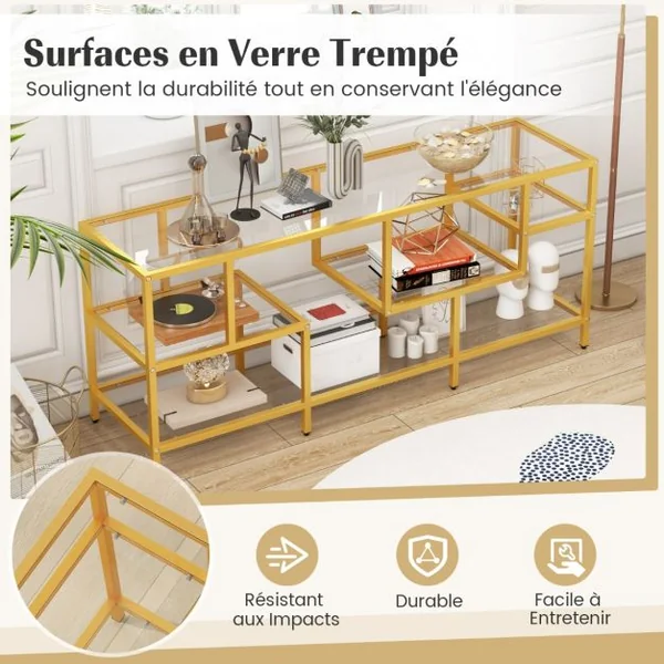 Meuble TV pour Téléviseurs Jusqu'à 65 Pouces Table Console avec un Grand Plateau et 4 Etagères en Verre Trempé Doré