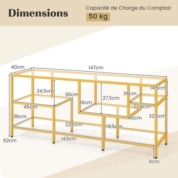 Meuble TV pour Téléviseurs Jusqu'à 65 Pouces Table Console avec un Grand Plateau et 4 Etagères en Verre Trempé Doré