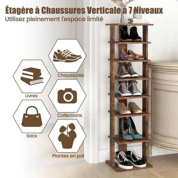Meuble à Chaussures 7 Niveaux en Forme de Tour Peu Encombrante Rangement d'Angle 27x26x110cm Café/Noir/Blanc/Gris