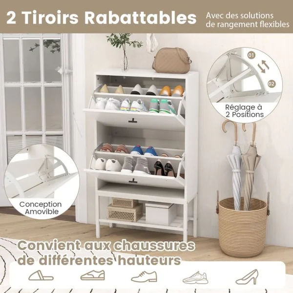 Meuble à Chaussures avec 2 Tiroirs Rabattables & Caché Etagères en Métal Réglables et Amovibles Peut accueillir 15 Paires de Chaussures Marron Rustique/Blanc
