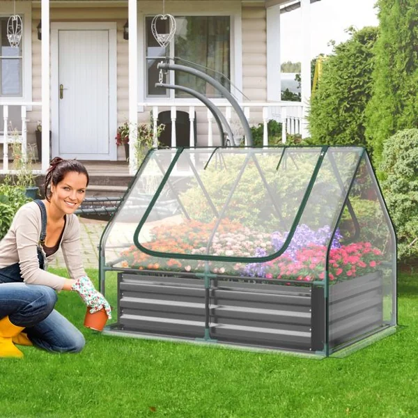 Mini Serre de Jardin et Lit de Jardin Surélevé 129 x 97 x 96 CM Housse Transparente 2 Fenêtres Enroulables avec Zip à 2 Niveaux Blanc