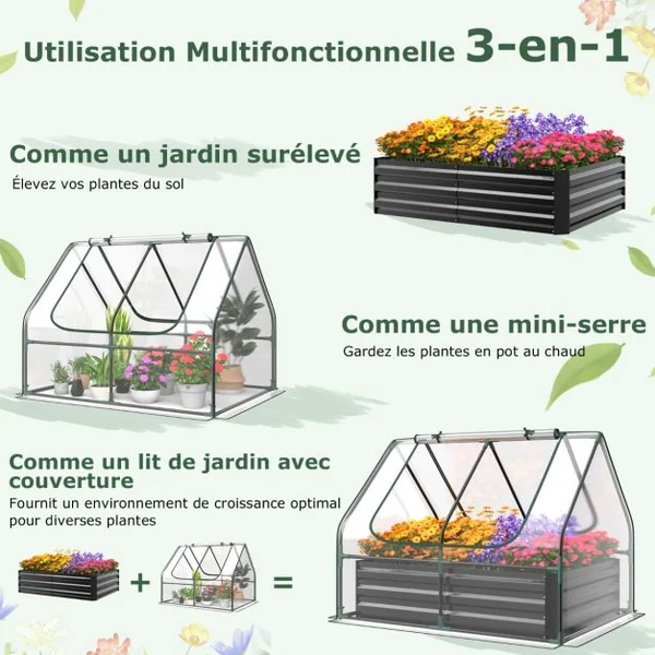Mini Serre de Jardin et Lit de Jardin Surélevé 129 x 97 x 96 CM Housse Transparente 2 Fenêtres Enroulables avec Zip à 2 Niveaux Blanc
