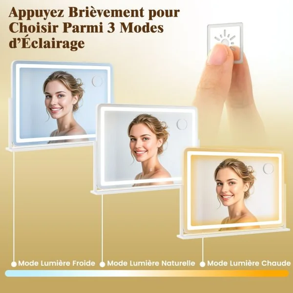 Miroir de Maquillage avec Lumières 80x55cm avec Miroir de Grossissement 10X Contrôle Tactile Mode d'Éclairage à 3 Couleurs Blanc