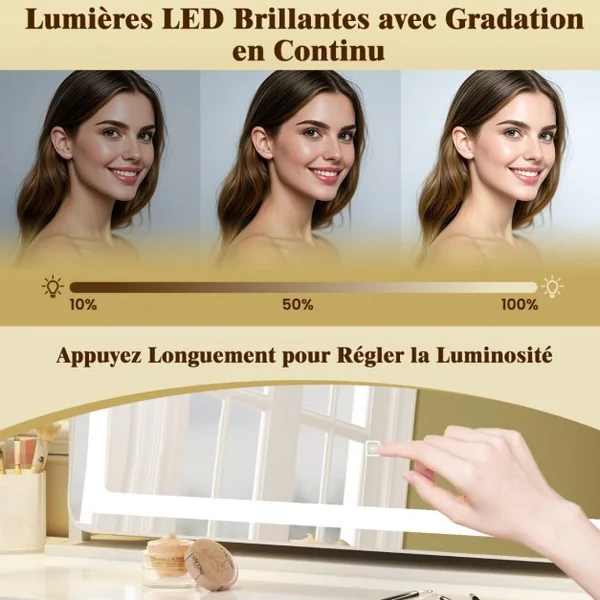 Miroir de Maquillage avec Lumières 80x55cm avec Miroir de Grossissement 10X Contrôle Tactile Mode d'Éclairage à 3 Couleurs Blanc