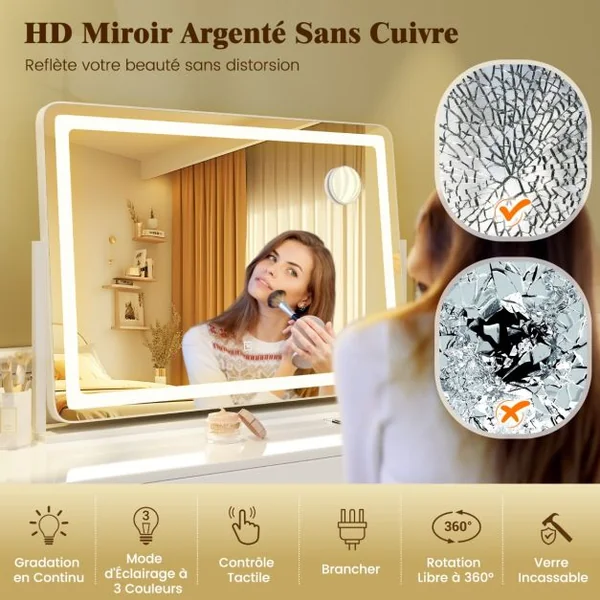 Miroir de Maquillage avec Lumières 80x55cm avec Miroir de Grossissement 10X Contrôle Tactile Mode d'Éclairage à 3 Couleurs Blanc