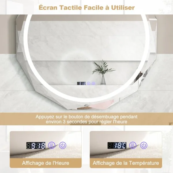 Miroir de Salle de Bain HD à LED Antibuée Miroir Antibuée à Bord Biseauté Unique avec Température en Continu à 3 Couleurs