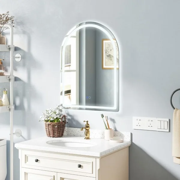Miroir de Salle de Bain LED 80 x 60 cm Miroir Mural Arqué avec Lumières à Intensité Variable à 3 Couleurs Interrupteur Sans Cadre