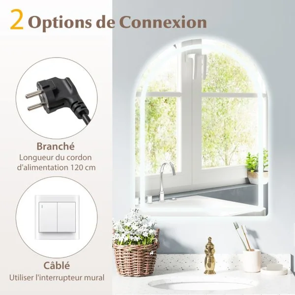 Miroir de Salle de Bain LED 80 x 60 cm Miroir Mural Arqué avec Lumières à Intensité Variable à 3 Couleurs Interrupteur Sans Cadre