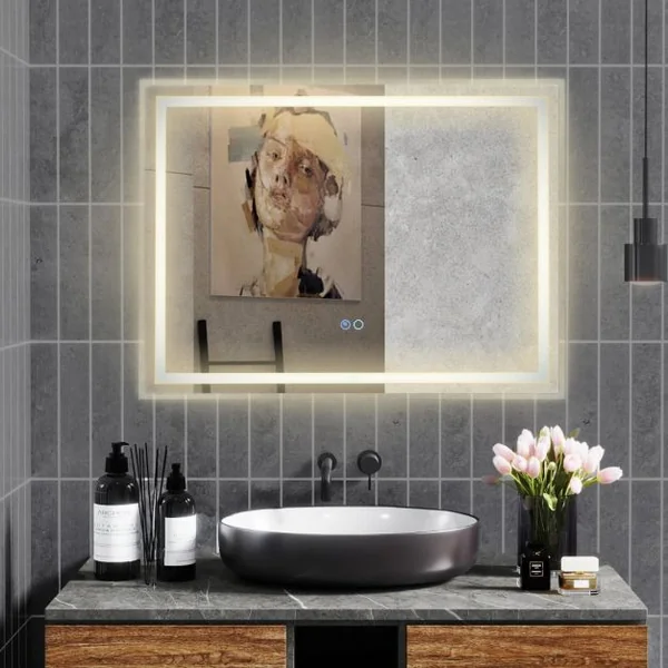 Miroir de Salle de Bain LED 80x60 cm Miroir Mural Rectangulaire avec Lumières à Intensité Variable à 3 Couleurs
