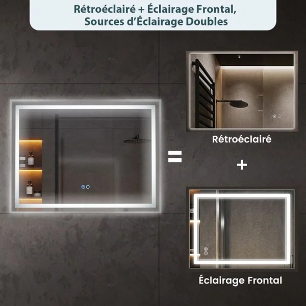 Miroir de Salle de Bain LED 80x60 cm Miroir Mural Rectangulaire avec Lumières à Intensité Variable à 3 Couleurs