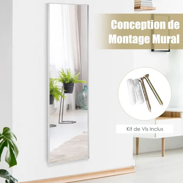 Miroir HD Psyché Mural Miroir Rectangulaire de Grand Format H 120 x L37 CM Cadre Argent en Alliage d'Aluminium Noir/Argent/Or