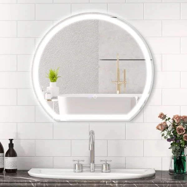 Miroir LED 60 x 54 cm Mural avec Lumières à Intensité Variable à 3 Couleurs Interrupteur Tactile Fonction Antibuée et Mémoire Sans Cadre