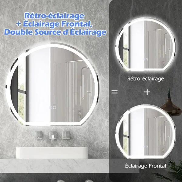 Miroir LED 60 x 54 cm Mural avec Lumières à Intensité Variable à 3 Couleurs Interrupteur Tactile Fonction Antibuée et Mémoire Sans Cadre