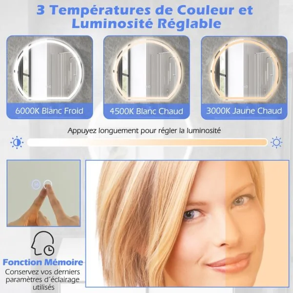 Miroir LED 60 x 54 cm Mural avec Lumières à Intensité Variable à 3 Couleurs Interrupteur Tactile Fonction Antibuée et Mémoire Sans Cadre