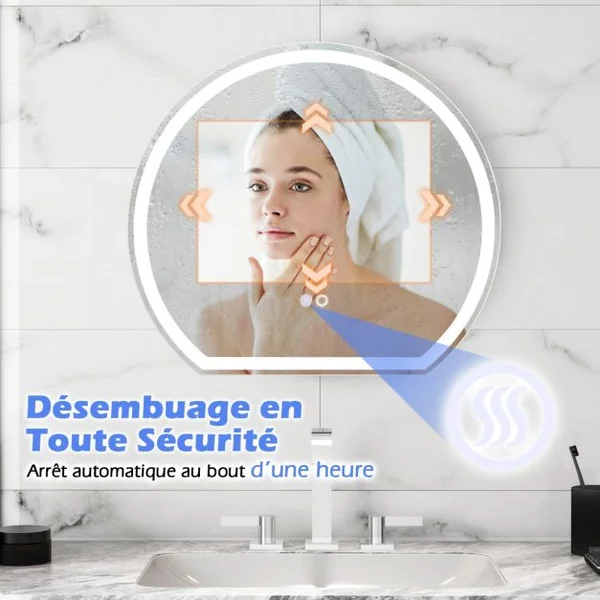 Miroir LED 60 x 54 cm Mural avec Lumières à Intensité Variable à 3 Couleurs Interrupteur Tactile Fonction Antibuée et Mémoire Sans Cadre