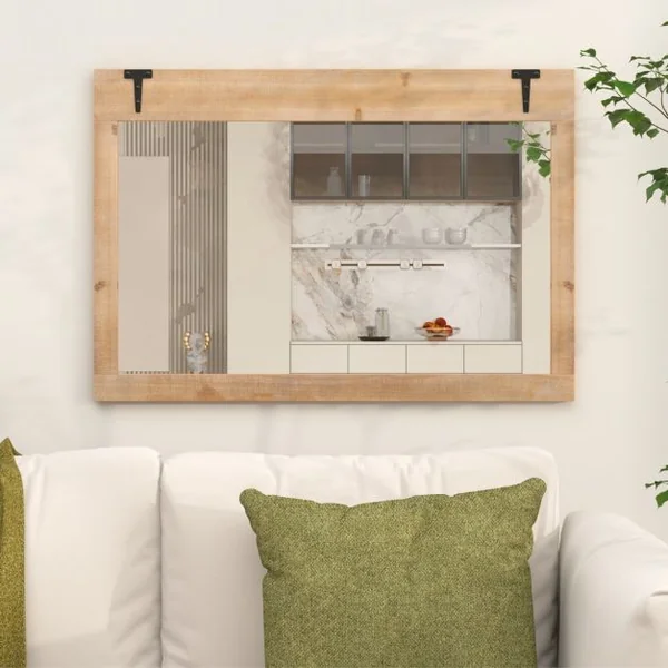 Miroir Mural 97 x 67cm Miroir de Style Rustique avec Cadre en Bois de Sapin Naturel Crochets en Métal Montage Vertical et Horizontal Naturel