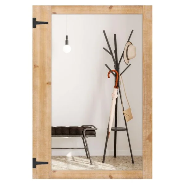 Miroir Mural 97 x 67cm Miroir de Style Rustique avec Cadre en Bois de Sapin Naturel Crochets en Métal Montage Vertical et Horizontal Naturel