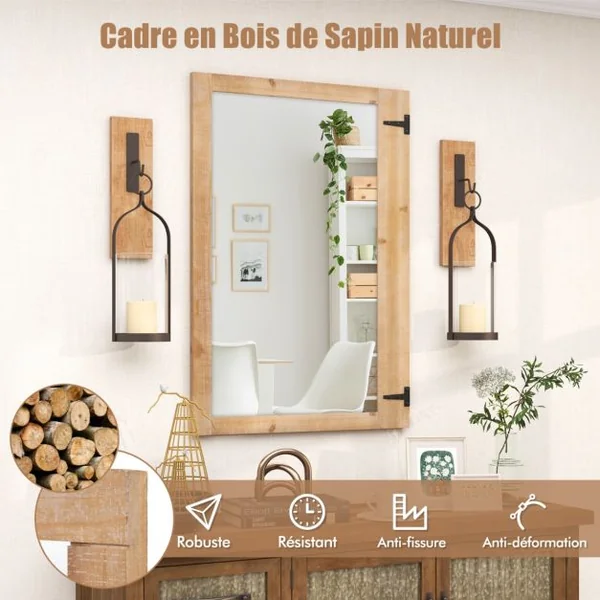 Miroir Mural 97 x 67cm Miroir de Style Rustique avec Cadre en Bois de Sapin Naturel Crochets en Métal Montage Vertical et Horizontal Naturel