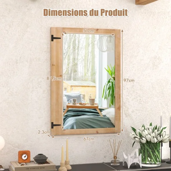Miroir Mural 97 x 67cm Miroir de Style Rustique avec Cadre en Bois de Sapin Naturel Crochets en Métal Montage Vertical et Horizontal Naturel