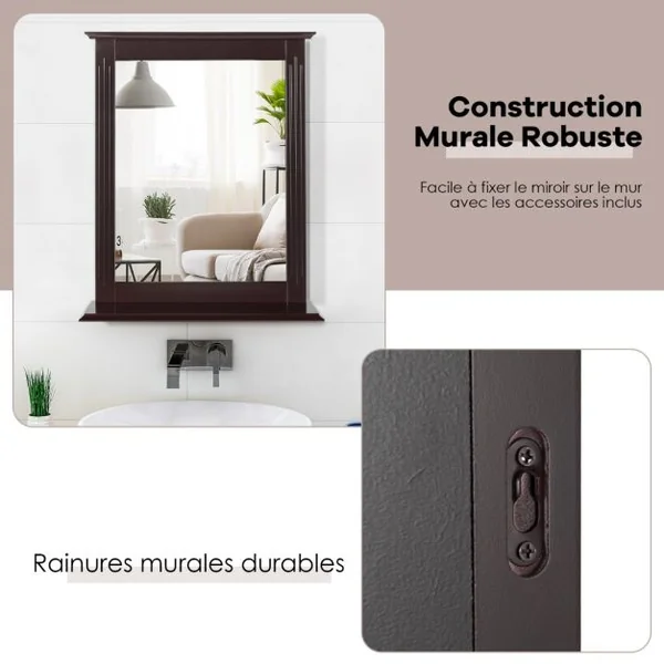 Miroir Mural avec Tablette de Rangement pour Salle de Bain Couloire Chambre en Mdf 57x12x68cm Café