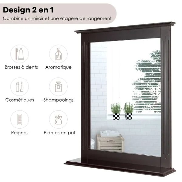 Miroir Mural avec Tablette de Rangement pour Salle de Bain Couloire Chambre en Mdf 57x12x68cm Café
