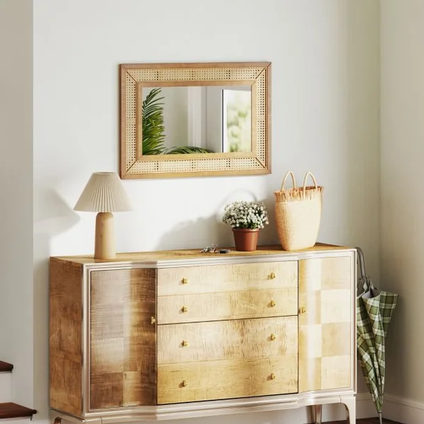 Miroir Mural en Rotin Miroir Décoratif en Arc Boho avec Cadre en Bois Miroir Suspendu Style Ferme 90 x 60 cm Naturel