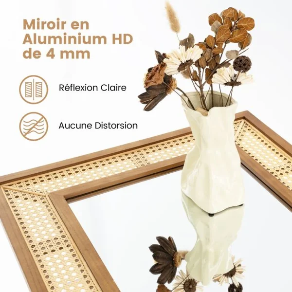 Miroir Mural en Rotin Miroir Décoratif en Arc Boho avec Cadre en Bois Miroir Suspendu Style Ferme 90 x 60 cm Naturel