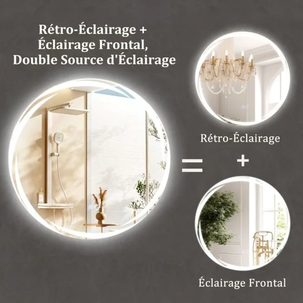 Miroir Mural LED 60 x 60 cm avec Lumières à Intensité Variable à 3 Couleurs Interrupteur Tactile Fonction Antibuée et Mémoire Sans Cadre