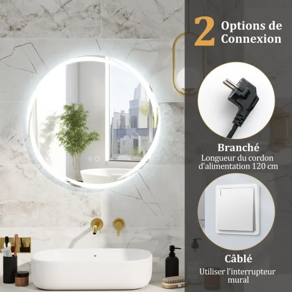 Miroir Mural LED 60 x 60 cm avec Lumières à Intensité Variable à 3 Couleurs Interrupteur Tactile Fonction Antibuée et Mémoire Sans Cadre