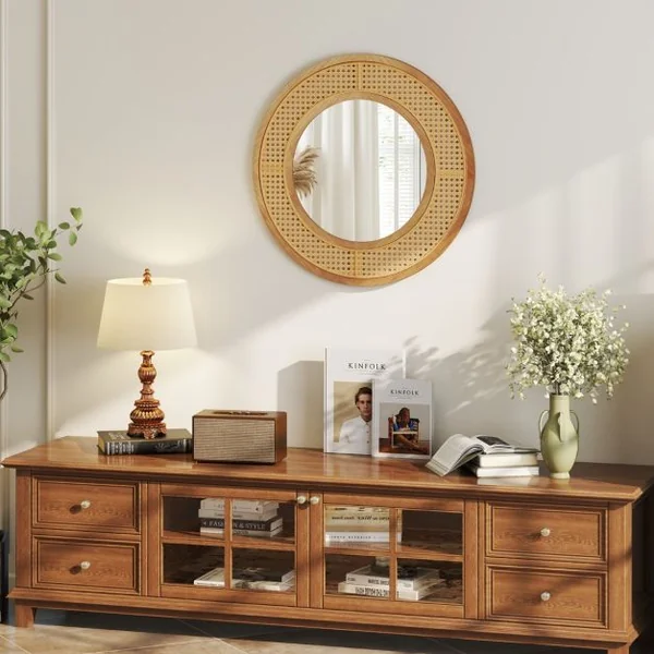 Miroir Mural Rond en Rotin Miroir à Cadre en Bois de 65 cm avec Verre en Aluminium Crochet Métallique et Vis d'Expansion Naturel