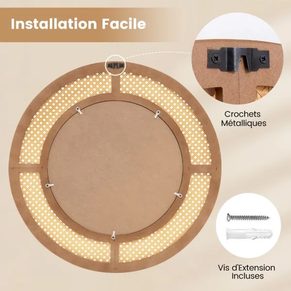 Miroir Mural Rond en Rotin Miroir à Cadre en Bois de 65 cm avec Verre en Aluminium Crochet Métallique et Vis d'Expansion Naturel