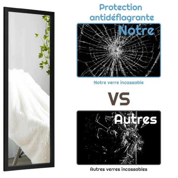 Miroir Mural Suspendu Miroir de Porte 120 x 37 CM avec Crochets de Suspension pour Chambre Salon Vestiaire Noir/Blanc/Or