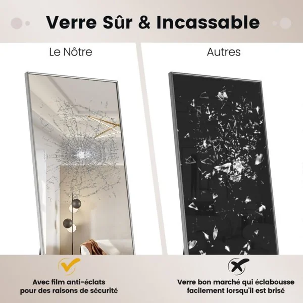 Miroir Pleine Longueur 160 x 40 CM Miroir sur Pied avec Cadre en Alliage d'Aluminium pour Chambre Salon Entrée Or