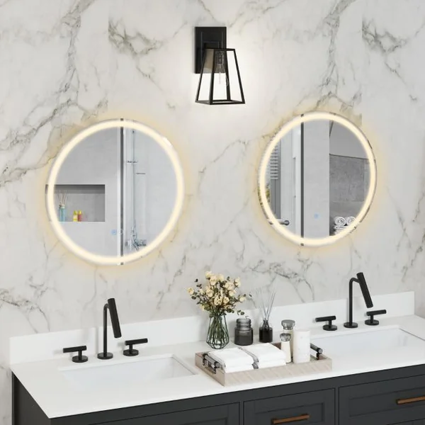 Miroir Rond Mural Dia.60 cm avec Lumières à Intensité Variable à 3 Couleurs Interrupteur Tactile Fonction Antibuée et Mémoire Sans Cadre