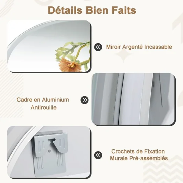 Miroir Rond Mural Dia.60 cm avec Lumières à Intensité Variable à 3 Couleurs Interrupteur Tactile Fonction Antibuée et Mémoire Sans Cadre