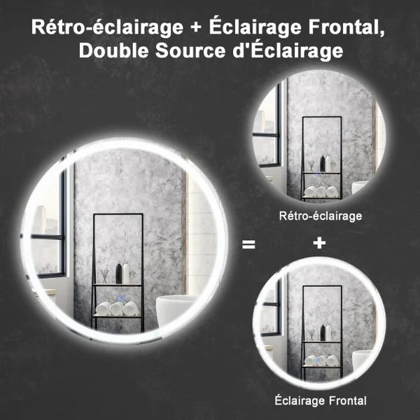 Miroir Rond Mural Dia.60 cm avec Lumières à Intensité Variable à 3 Couleurs Interrupteur Tactile Fonction Antibuée et Mémoire Sans Cadre