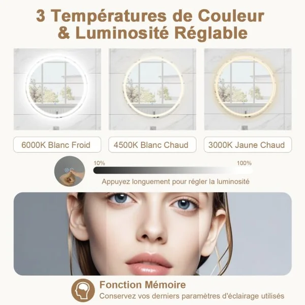 Miroir Rond Mural Dia.60 cm avec Lumières à Intensité Variable à 3 Couleurs Interrupteur Tactile Fonction Antibuée et Mémoire Sans Cadre